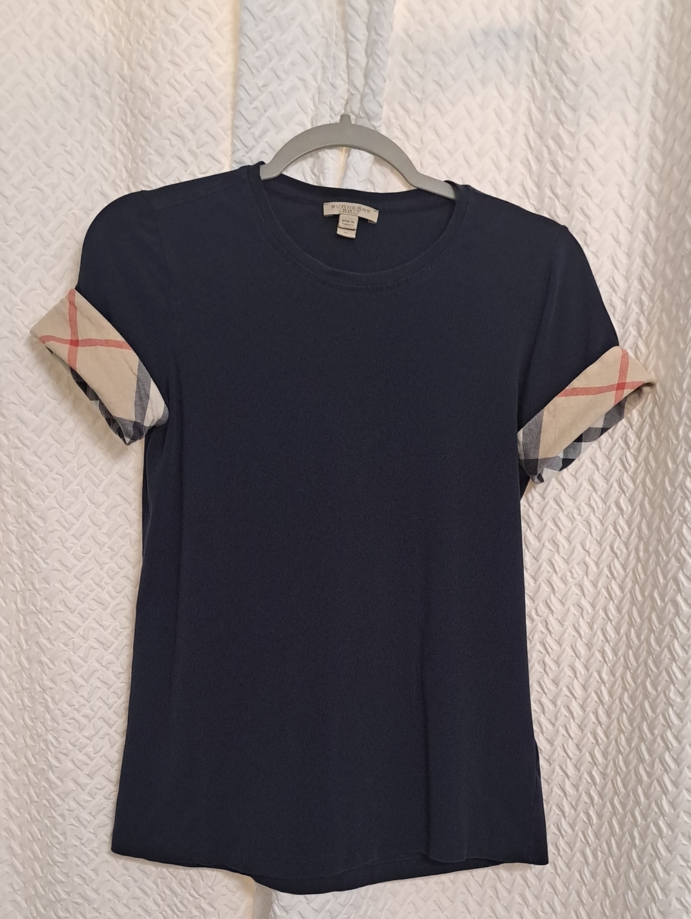 Burberry Navy Short Sleeve Tee with Signature Plaid Cuffs
